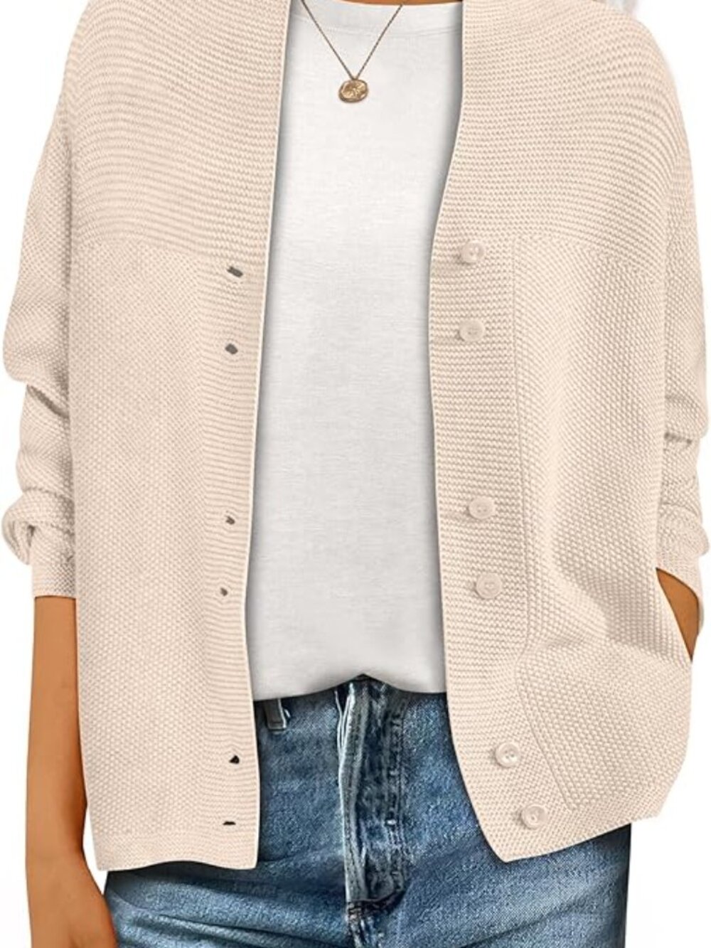 Womens Cream Chunky Knit Cardigan Large Button Front Neutral Minimalist Sweater
